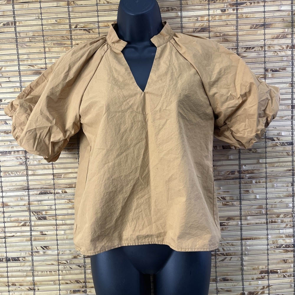 Puff‎ Lantern Sleeve Poplin Blouse Sz XS Khaki Classic Corp Core Poet Minimalist